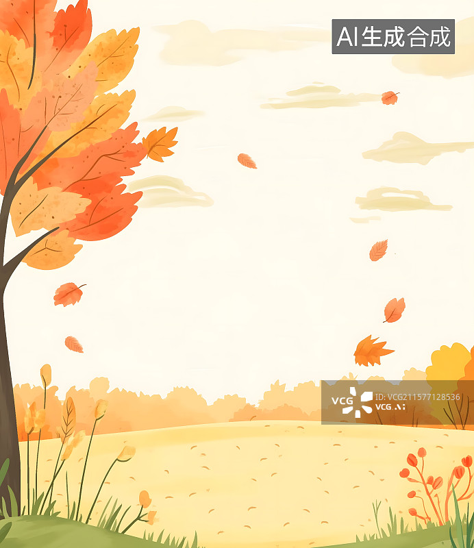 【AI数字艺术】秋季金秋树木黄了背景，秋天秋季立秋秋分自然户外风景卡通漫画插画图片素材