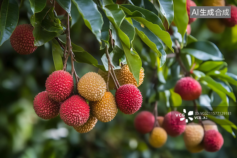 【AI数字艺术】荔枝园里的荔枝树，荔枝果熟了挂满枝头，鲜艳的荔枝果实，色彩饱满，散发出诱人的果香。图片素材