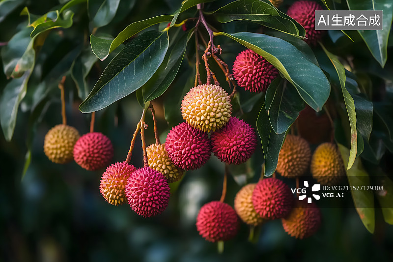 【AI数字艺术】荔枝园里的荔枝树，荔枝果熟了挂满枝头，鲜艳的荔枝果实，色彩饱满，散发出诱人的果香。图片素材