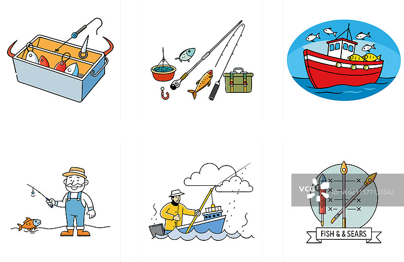 生动的水彩钓鱼工具组合图片素材