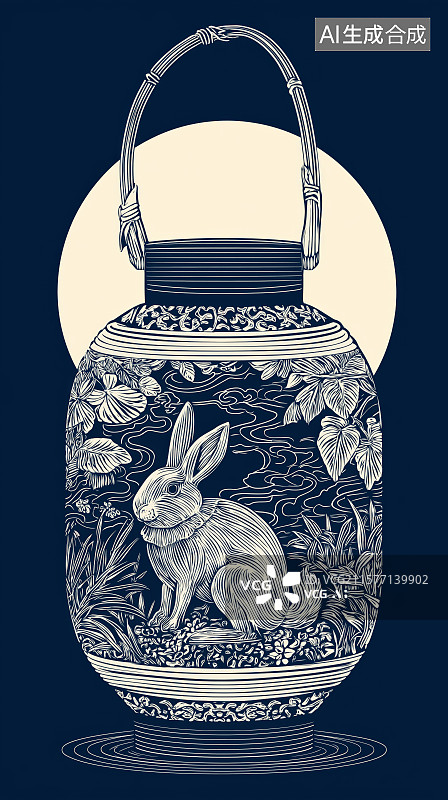 【AI数字艺术】中秋节主题蓝染背景——灯笼、月亮与兔子图片素材