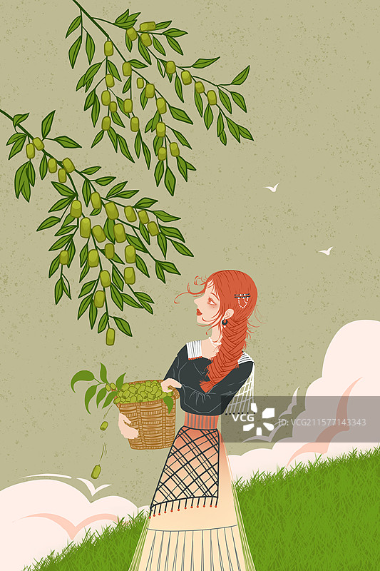 立秋二十四节气，拿着果篮的女孩图片素材