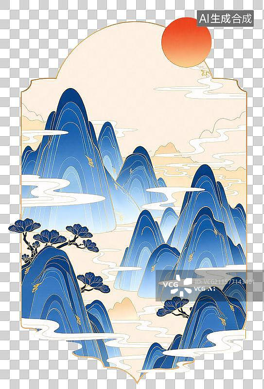 【AI数字艺术】国风蓝绿山水插画元素图片素材