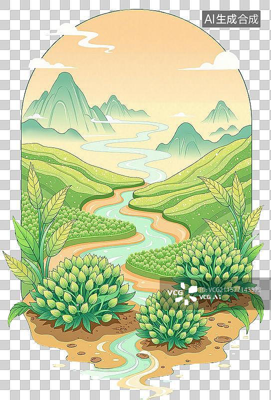 【AI数字艺术】国风青绿山水田园插画元素图片素材