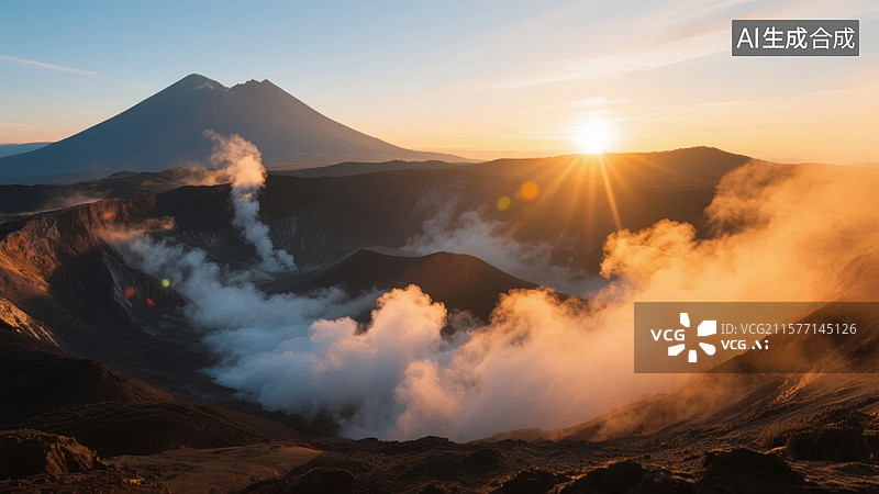 【AI数字艺术】日出火山口，云雾缭绕图片素材