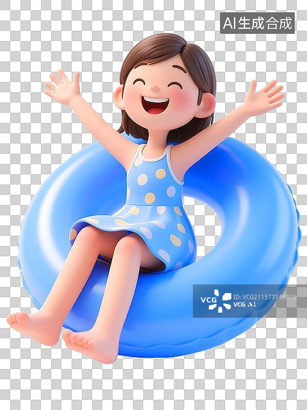 【AI数字艺术】坐在泳圈里玩耍小女孩3D卡通免抠元素图片素材