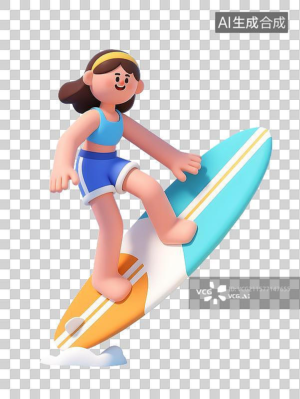 【AI数字艺术】冲浪女孩3D卡通免抠元素图片素材