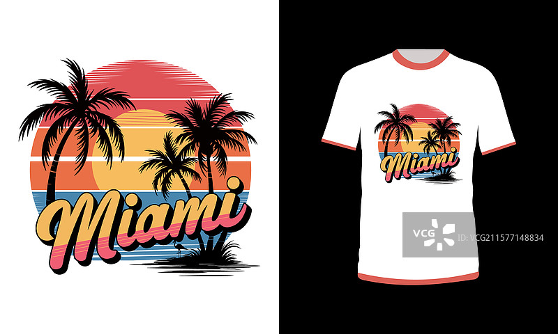 迈阿密日落复古T恤设计图片素材