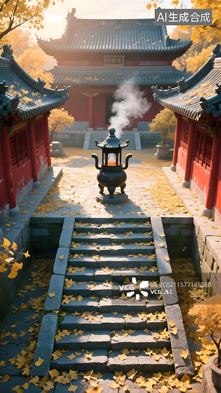 【AI数字艺术】古刹银杏落叶禅意幽深立秋图片素材