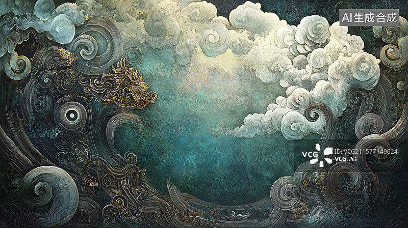 【AI数字艺术】传统文化图案天空祥云宫殿，神话故事图片素材