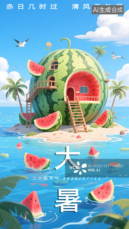 【AI数字艺术】大暑插画西瓜海报图片素材