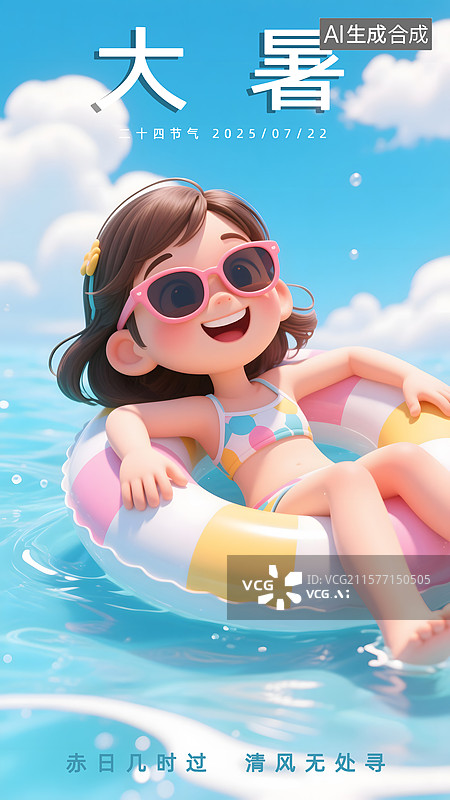 【AI数字艺术】大暑3D躺游泳圈上的女孩海报图片素材