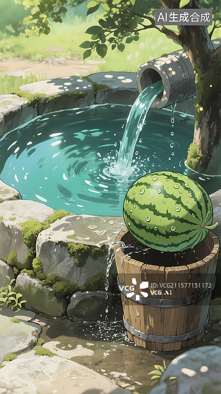 【AI数字艺术】清新怀旧井水西瓜清凉夏天节气插画图片素材