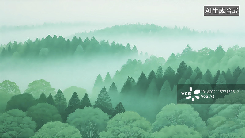【AI数字艺术】绿色清新森林山谷插画背景图片素材