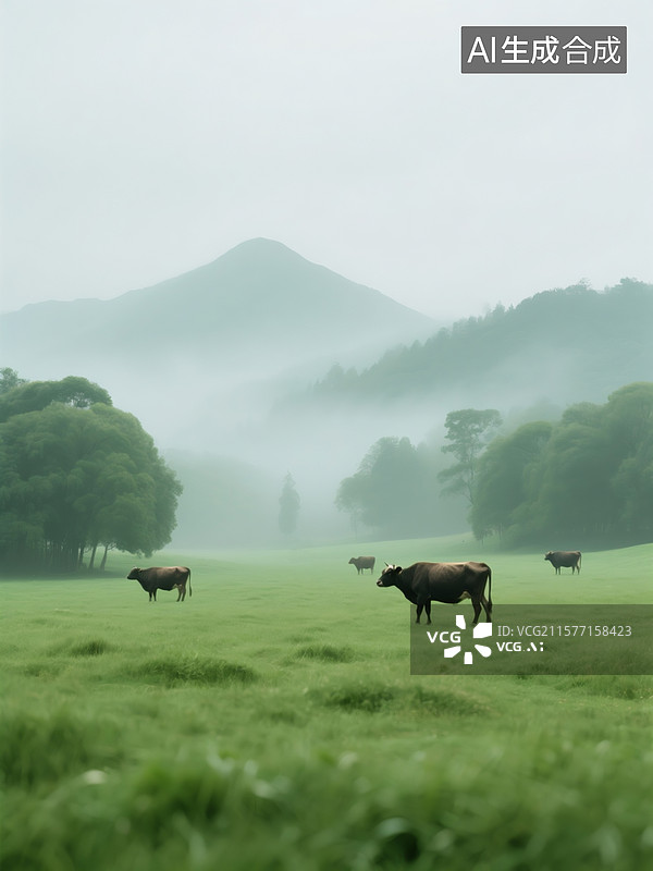 【AI数字艺术】风景大片，长焦镜头，高清画质，绿色草地，雾气缭绕，景深图片素材