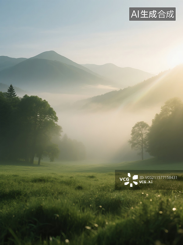 【AI数字艺术】风景大片，长焦镜头，高清画质，绿色草地，雾气缭绕，景深图片素材