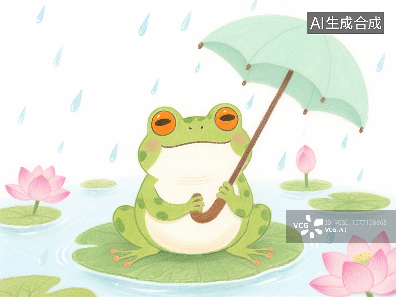 【AI数字艺术】治愈系手绘插画，下雨天撑伞的小青蛙，夏天插画图片素材
