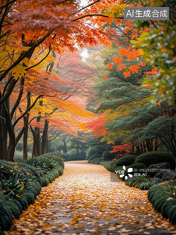【AI数字艺术】林间小道上，落叶铺满了金黄色的叶子图片素材