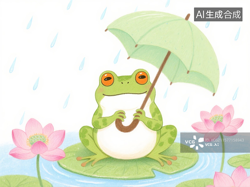 【AI数字艺术】治愈系手绘插画，下雨天撑伞的小青蛙，夏天插画图片素材