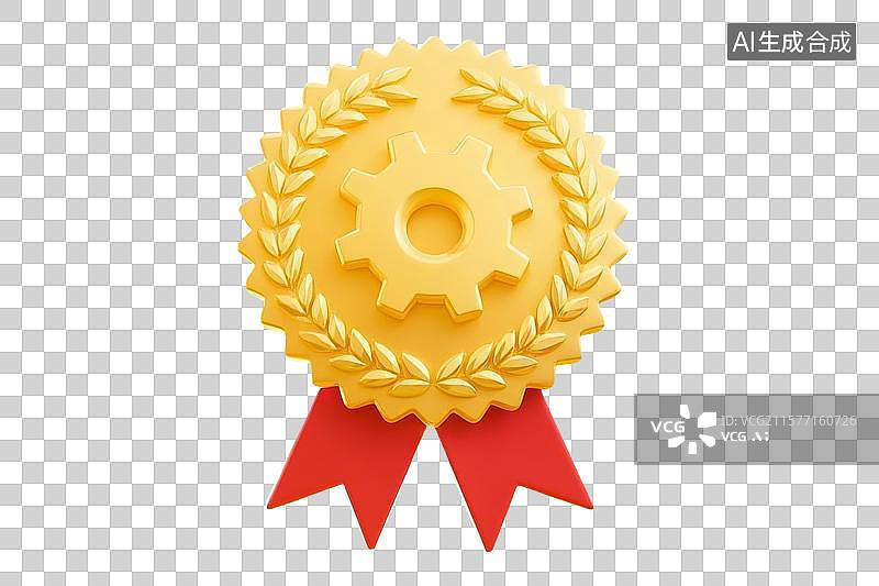 【AI数字艺术】扁平化矢量风格的齿轮麦穗环绕立体奖章图标图片素材