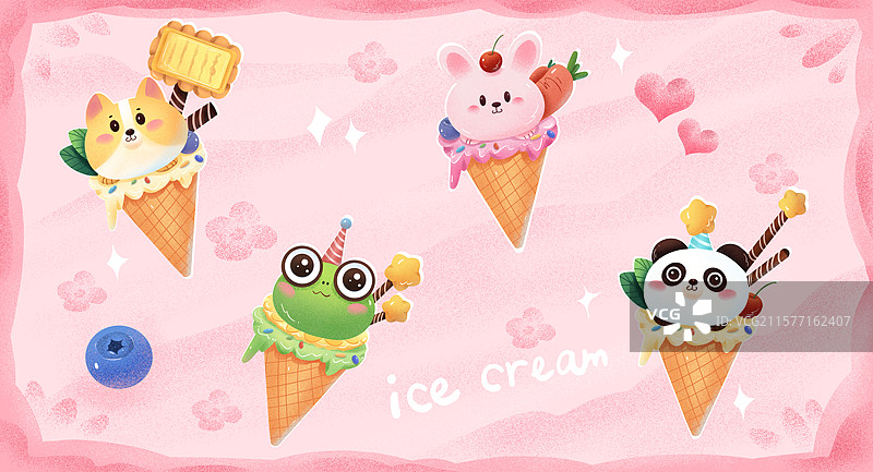 手绘噪点风可爱动物冰淇淋组合贴纸插画图片素材