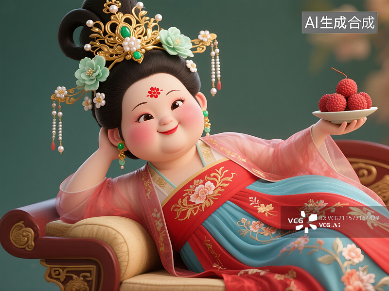 【AI数字艺术】3D渲染古代卡通人物，杨贵妃吃荔枝，唐朝美女，传统服饰，汉服图片素材