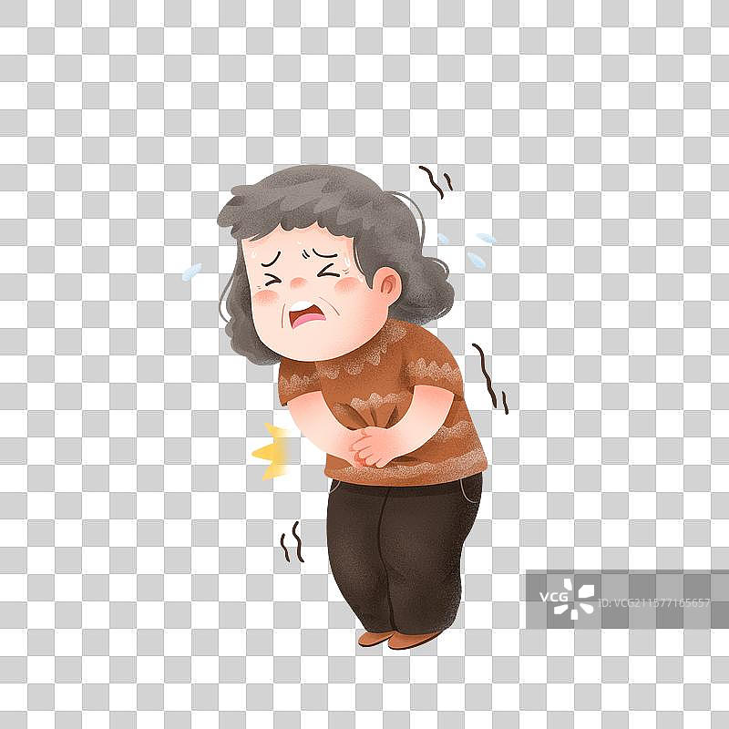 手绘噪点老奶奶双手捂着肚子疼免抠元素图片素材