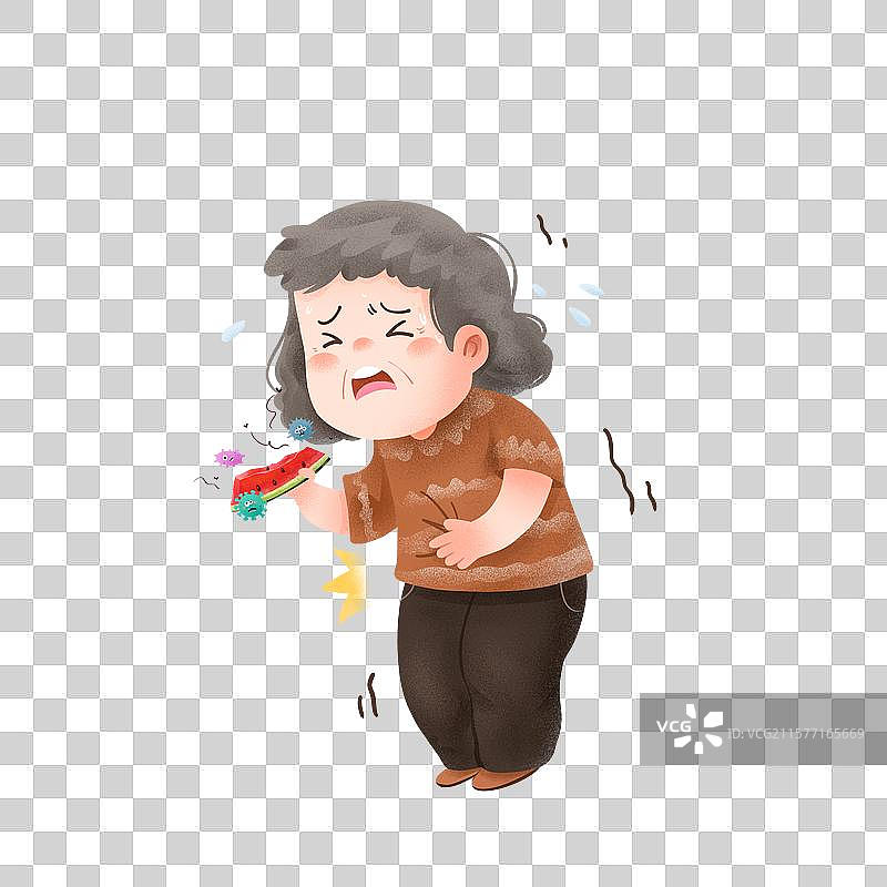 手绘噪点老人吃西瓜肚子疼免抠元素图片素材