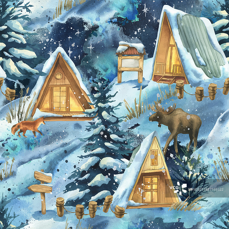 夜间森林中的冬季风景图片素材