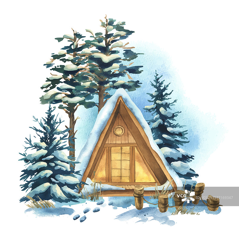 森林中的冬季景观与一座木屋图片素材