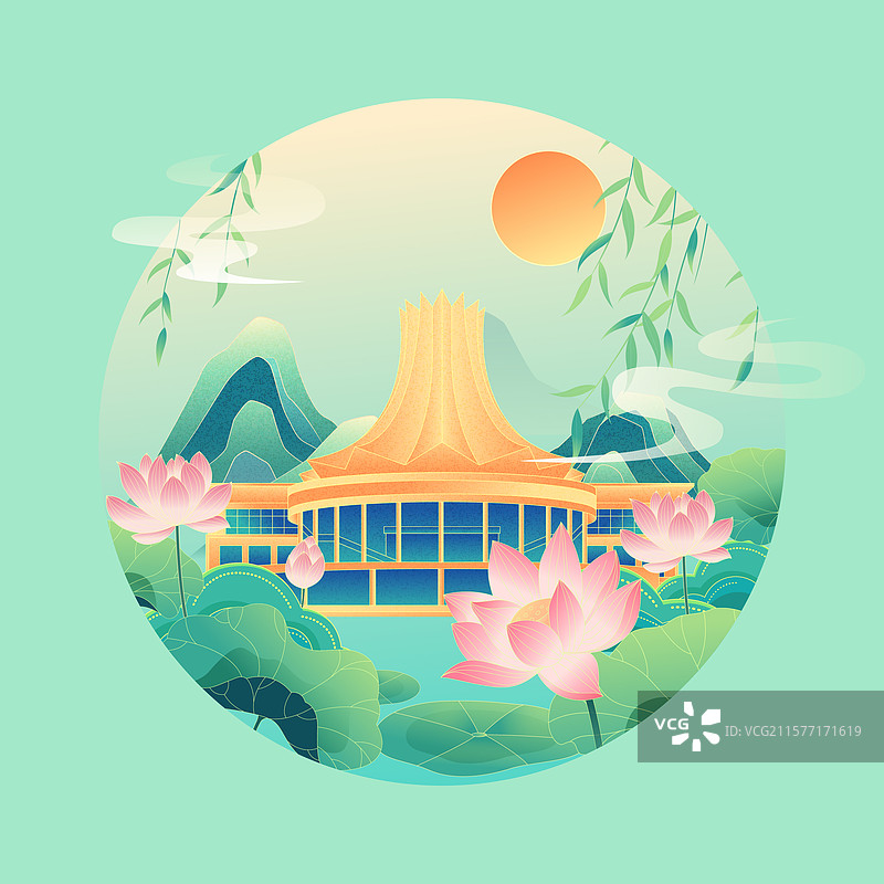 国风立夏节气南宁城市建筑矢量插画图片素材