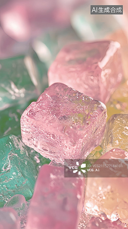 【AI数字艺术】夏日活力缤纷彩色冰块果汁冷饮竖版粉色背景图片素材