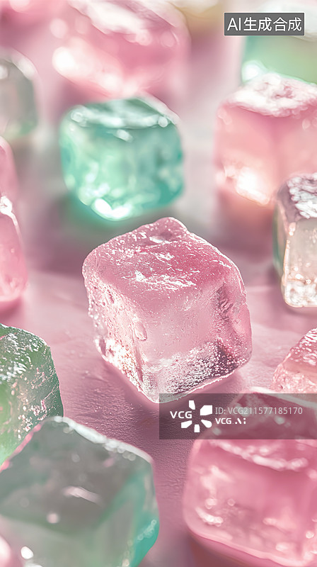 【AI数字艺术】夏日清新彩色冰块果汁冷饮竖版粉色背景图片素材