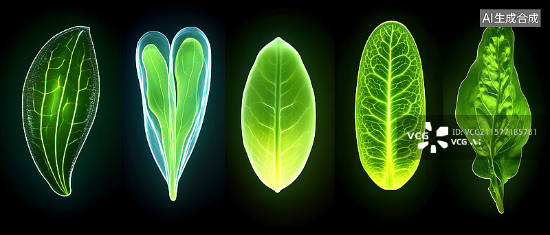 【AI数字艺术】五种不同形态的叶子荧光展示图片素材