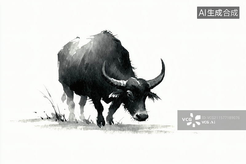 【AI数字艺术】水墨风格，一头家养的水牛图片素材