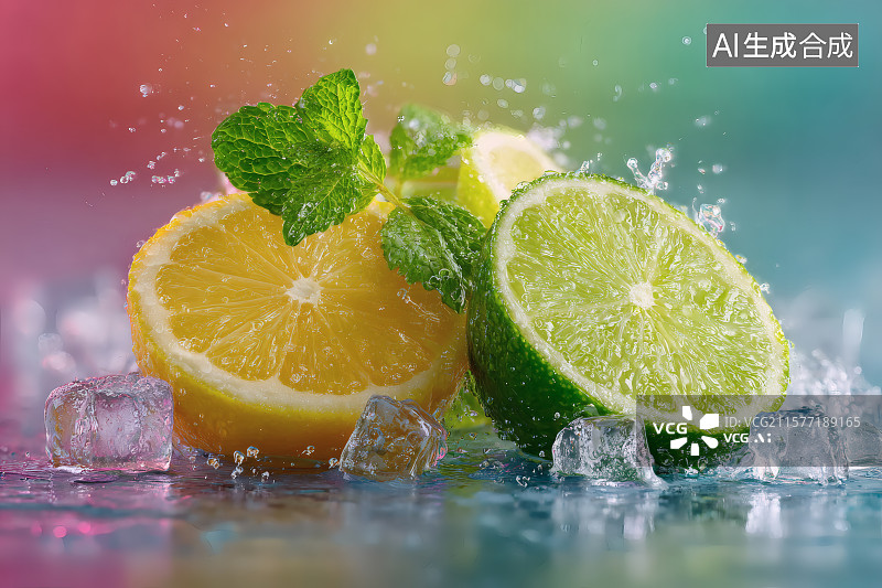【AI数字艺术】桌面上的冰块，对半切开的柠檬图片素材