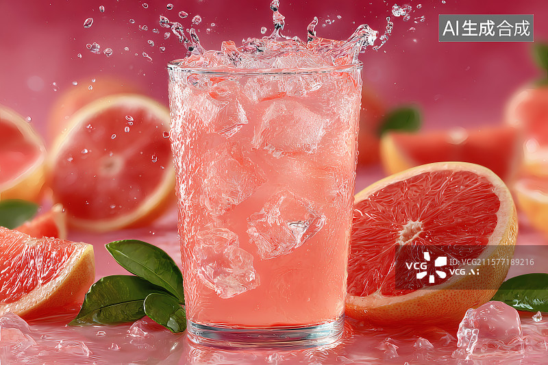 【AI数字艺术】一杯冰镇西柚汁，切片的新鲜西柚图片素材