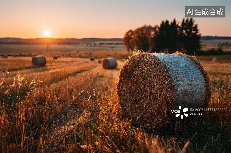 【AI数字艺术】夕阳西下，农场上堆积着的干草垛图片素材