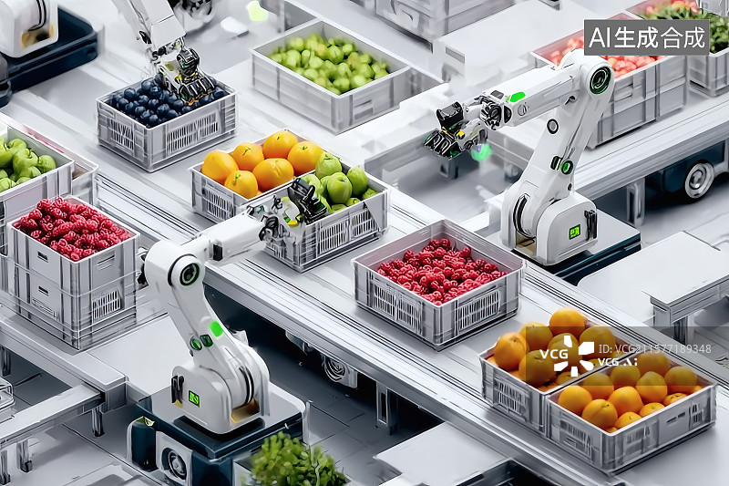 【AI数字艺术】水果市场仓储，机械手分拣瓜果蔬菜图片素材