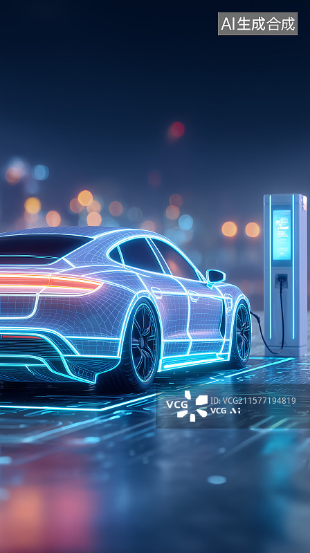 【AI数字艺术】新能源汽车主题背景——电车与充电桩图片素材