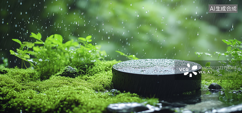 【AI数字艺术】雨中苔藓上的圆形石块图片素材
