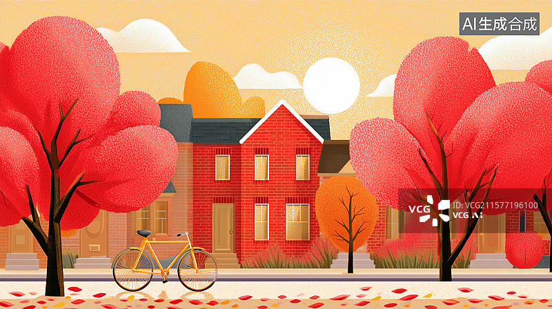 【AI数字艺术】社区秋日风景插画图片素材