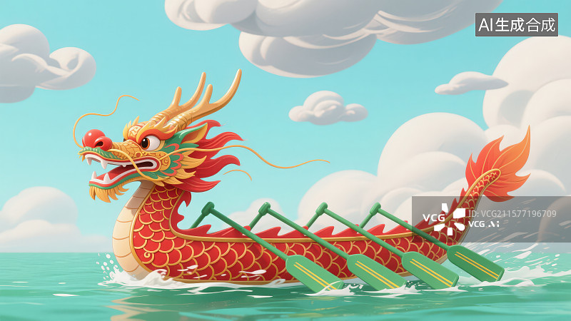 【AI数字艺术】端午节划龙舟比赛场景插画海报背景图片素材