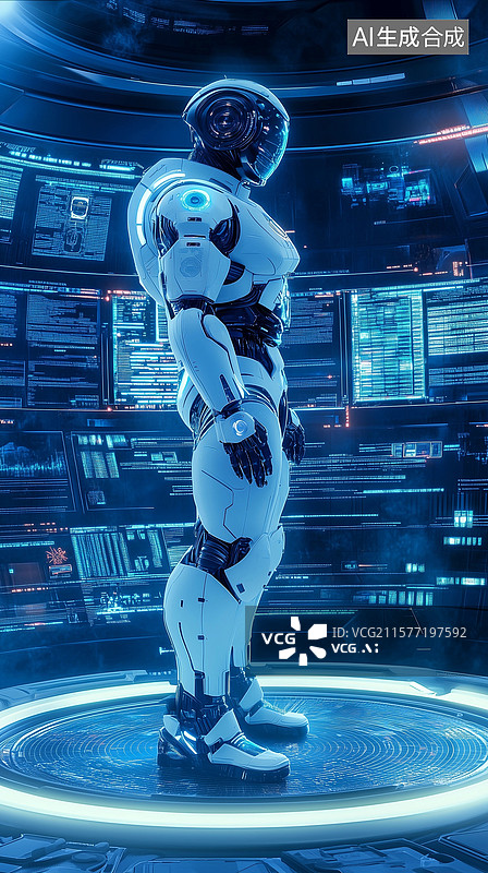 【AI数字艺术】未来感机器人于科技舱室场景图片素材
