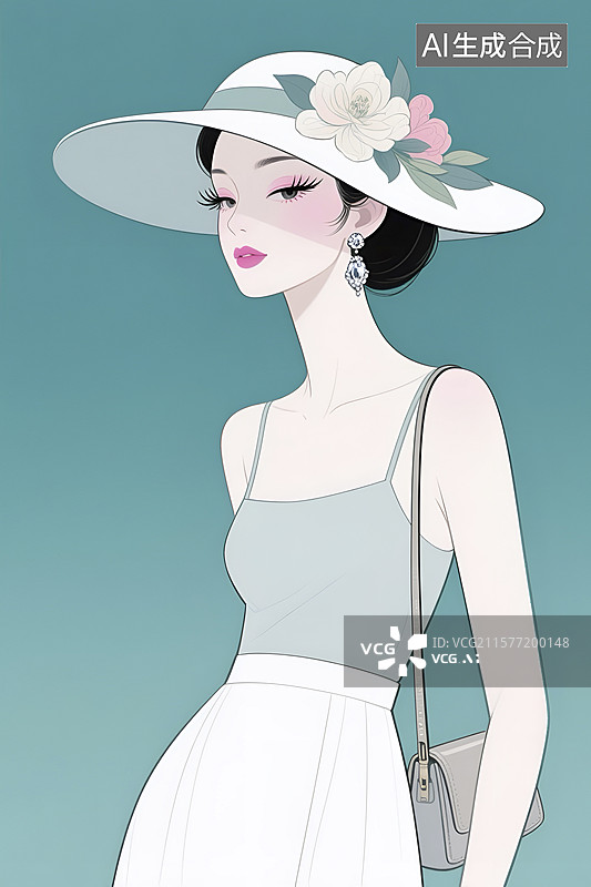 【AI数字艺术】戴花朵装饰宽檐帽的时尚女性图片素材