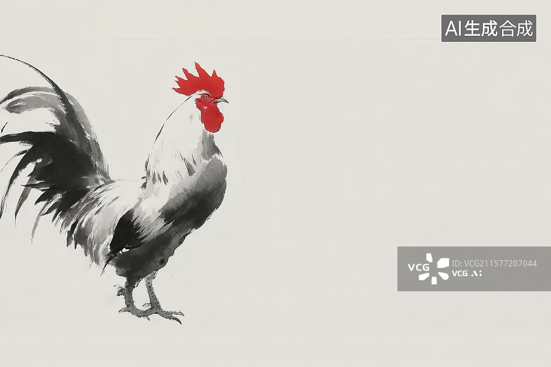 【AI数字艺术】水墨风格，一只大公鸡插画，右边留白图片素材