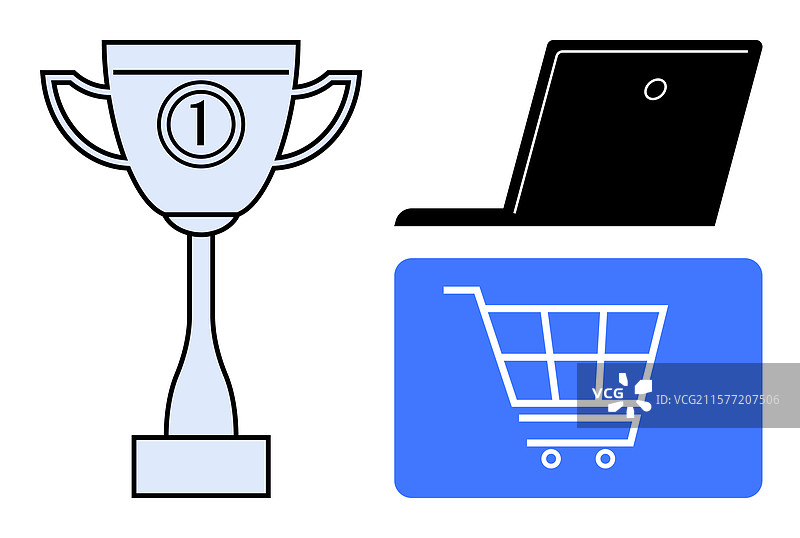 数字成功概念，配有奖杯和笔记本电脑图片素材