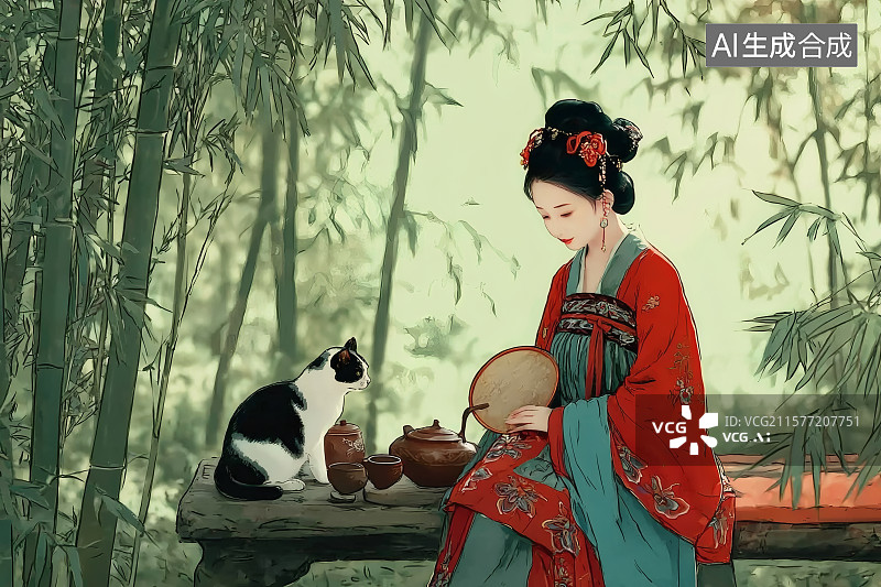 【AI数字艺术】中式风格，竹林中石桌上的古代美女煮茶逗猫图片素材