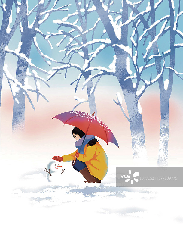 彩色卡通插画 冬季冬天 户外 女生打伞 雪人 蹲在地上 树木 下雪 美景 清新 治愈图片素材