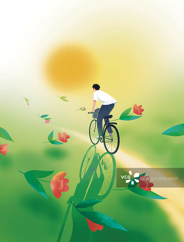 彩色卡通插画 户外骑行 自行车 女生 男生 背影 草地 夏季夏天 乡村 小路 山村 美景 治愈系 小图片素材